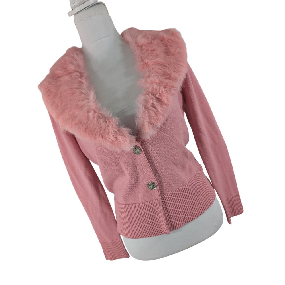 STUNNING PINK RABBIT FUR COLLAR, JEWELED BUTTON CARDIGAN WOOL+ SWEATER! SZ M